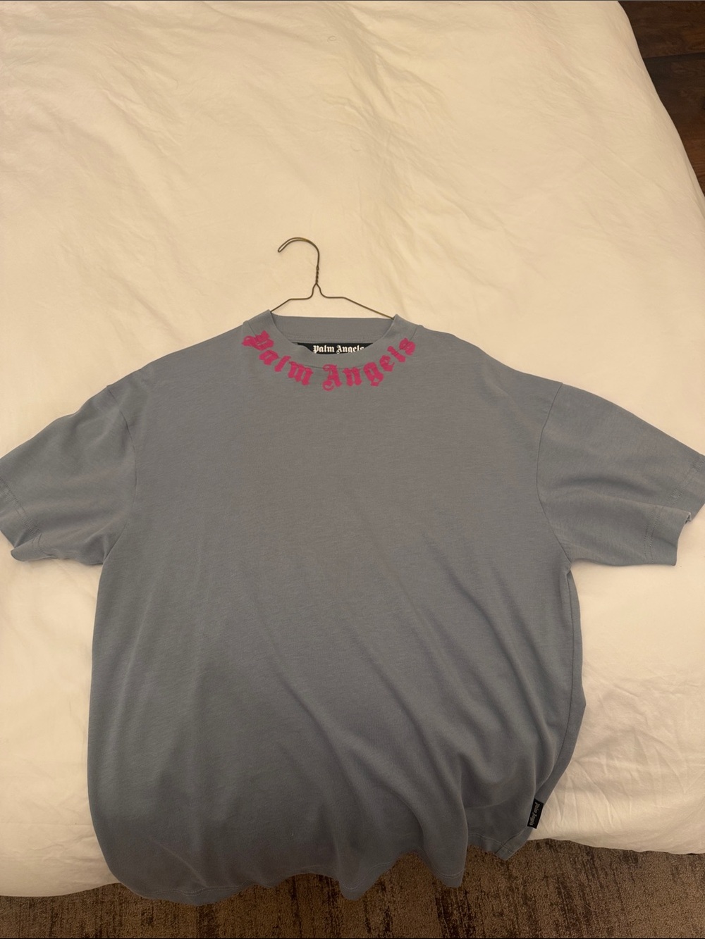 Palm Angels Light Blue Crewneck T-Shirt with Pink Neck Logo